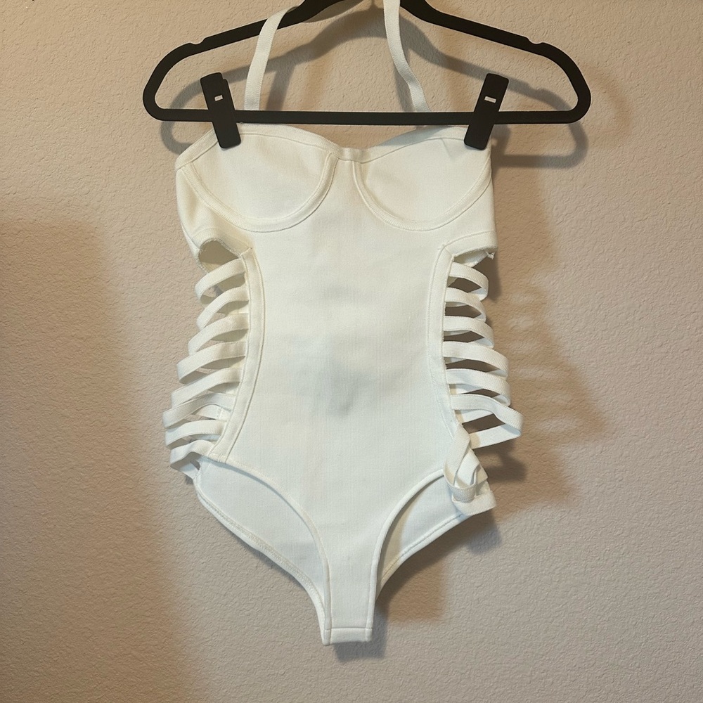 Fashion Nova White Bodysuit with Side Straps